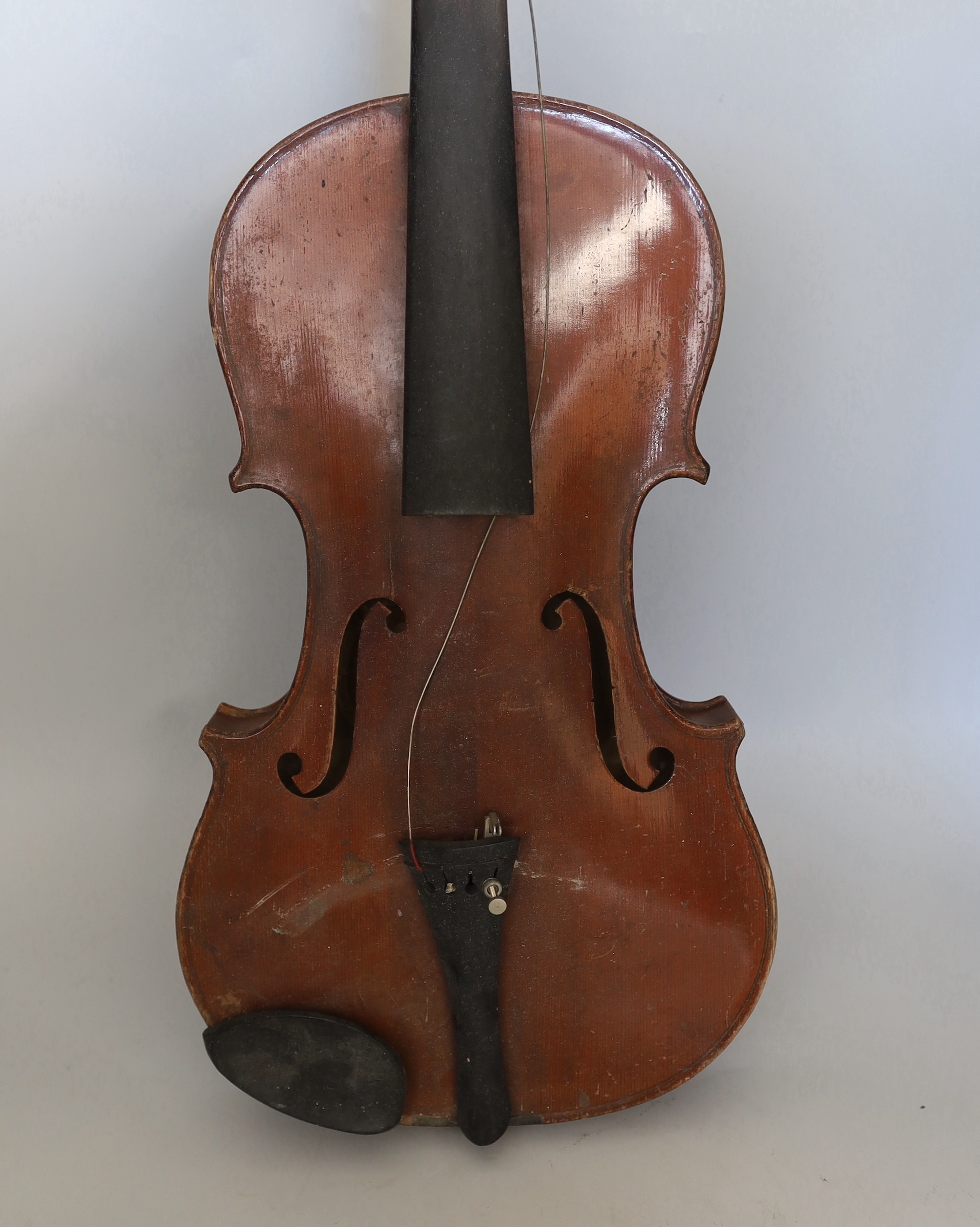 A full sized German violin and case, violin 60cm long